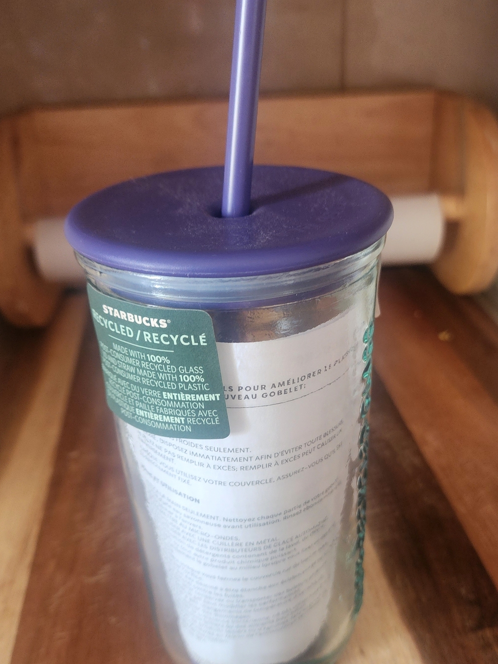 Starbucks Clear Glass Tumbler with Purple Lid and Straw